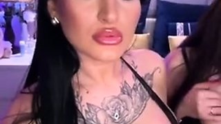 Busty curly brunette with big boobs fucks on couch