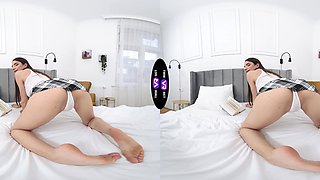 Hot brunette solo girl masturbates in sexy mini skirt