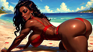 4K 100% Ai Generated 3D Soft Looping Pmv: Dark-skinned Thick Ass Gentle Twerk on Tropical Beach in Sexy Bikinis