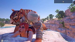 Young Redhead Girl Has Fun With A Tiger