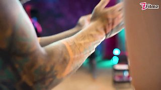 Latex Dominatrix Trio Sound & Finger the Tattooed Slave’s Cock