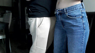 Amateur fucking and figerring girlfriend with blue jeans