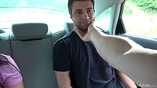 Horny brunette blows every inch of her friend's hard penis in the car