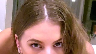 Brunette teen swallowing cum in POV blowjob