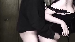 Teen in Skirt and Fishnet Stockings Gets Creampie in Elevator