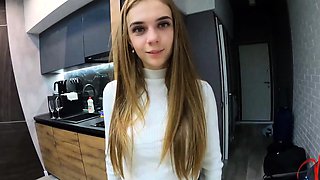 Small tit brunette gives a nice hard blowjob and fuck