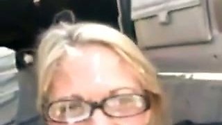 Charming blonde in glasses sucks my hard dick and receives facial