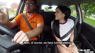 Public Asian babe car fucked outdoor by driving tutor