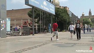 Spanish hottie gets face fucked hard in public - bound near crowded cafe with James Deen!