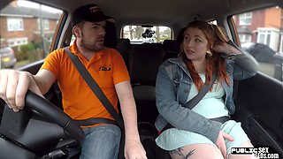 Curvy ginger inked babe publicly fucked in car by instructor