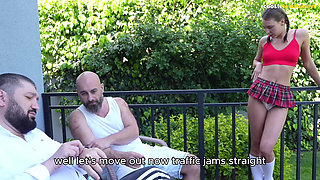 Shh... My Daddy Might Come Back! Slutty Daughter Fucks His Friend in the Backyard!
