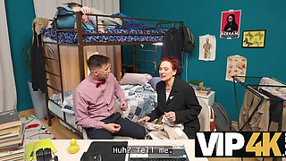 Redhead mature teacher feasts on a naughty student's big cock