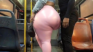 Balaclava BBW Gets Ass in Tight Shiny Pink Pants - Public Bus