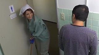 Maki Koizumi works as cleaning staff and fucks a man in a public toilet