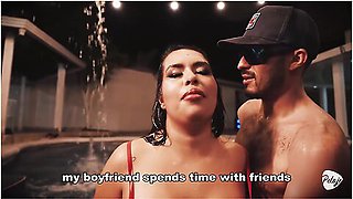 Husband Gives His Busty Latina A Pool And She Cheats On Him By Sucking The Instructors Cock