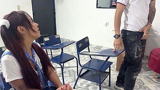 Nasty latina schoolgirl in sexy uniform bounces on coed's cock in classroom