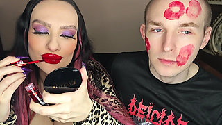 Juicy Sticky Loud Aggressive Kisses All Over a Guy's Face with Red Lipstick