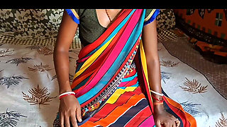 Auntie, clad in a red saree, approaches creating a beautiful and romantic moment filled with love anal sex