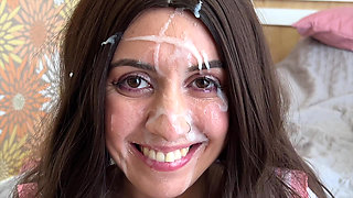 How she loves guys' cum on her face and in her mouth - guys fuck a cute student hard