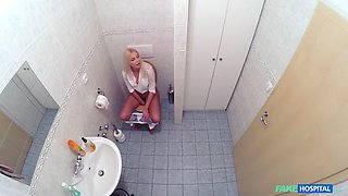 Horny busty blonde receives a creampie from the doctor