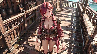 Redhead Pirate Captain! Playing with Her Cutlass in a Vintage Ship Cabin.