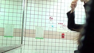 Asian teen pees in public toilet