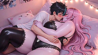 BBW Pink Hair Anime Girl Playing with Huge Tits on Bed