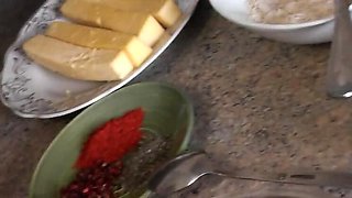 Sexy Blonde MILF Cooks Naked in Kitchen - No Panties, No Bra - Handjob, Big Natural Tits & Hairy Pussy