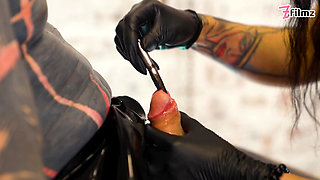 3 Latex Femdoms Dominate Tattooed Slave - Sounding, Ureta Fingering, Dominatrix