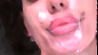 Cumming on my wife's face—I covered her big lips with semen.