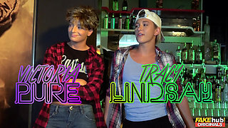 Fakehub Originals - Two Lesbians Seduce Innocent Daphne Angel in a Club for a Shaved Pussy Threesome and Breast Play