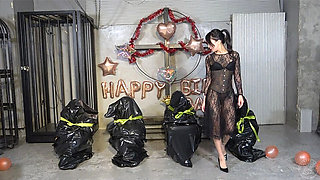 Mistress Sara's Birthday Party: Asian Femdom Whipping & Wax Play with 4 Slaves