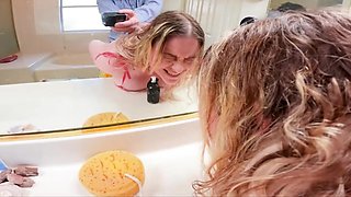 The blonde woman is on her knees and ready to suck