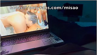 Playing with my heavy tits and masturbating to a wild gangbang