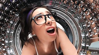 busty brunette babe gets stuck in a washing machine