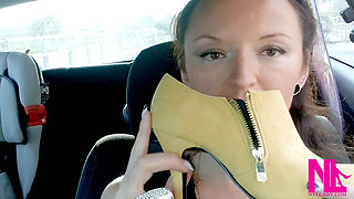 Revving in Yellow Boots and Black Pantyhose