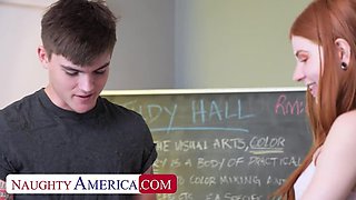 Naughty America: Super hot and slutty redhead Jane Rogers fucks in the classroom on PornHD