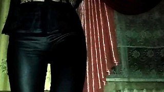 Blonde teen in leather pants loves BDSM and bukkake